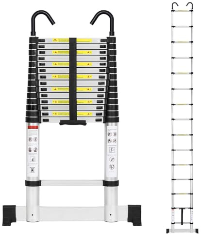 Cecaylie Teleskopstege i aluminium 4,4 m - Utdragbar stege med stabilisator och avtagbara krokar - Halkfri - Multifunktionell - Max. belastning: 150 kg