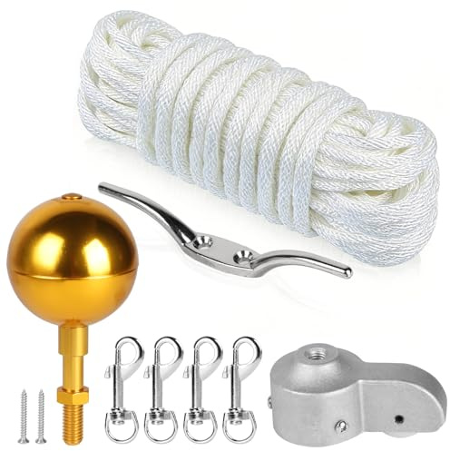 DBREAKS Kit de Accesorios para Mástil de Bandera, Juego de Reparación de Mástil de Bandera con Punta de Bola, Mosquetón, Cornamusa, Topper con Polea, Cuerda de Nailon de 15 m, Dorado