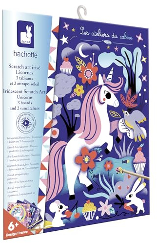 Janod - Unicorn Scratch Art Creative Kit - 5 Scratch Pictures - Holographic and Iridescent Effects - DIY Activity - From 6 years old