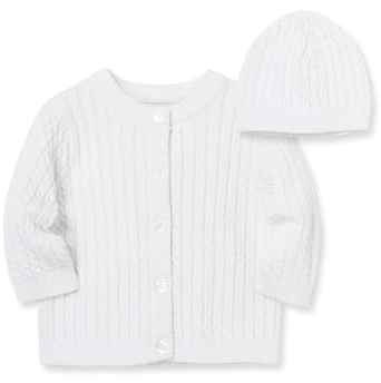 Little Me Clothes for Baby Boys’ and Girls’ Sweater and Cap Set, Soft Cable Knit Cotton Outfit with Pearlized Buttons, Baby Essentials, Softest White, 12 Months