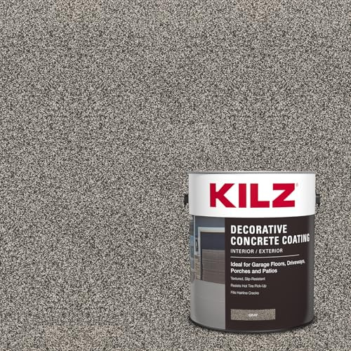 KILZ Decorative Concrete Coating, Slip-Resistant Gray Paint with Stone-Like Speckled Finish, Interior/Exterior Use on Garages, Patios, Driveways, Pool Decks & Walkways, 1 Gallon