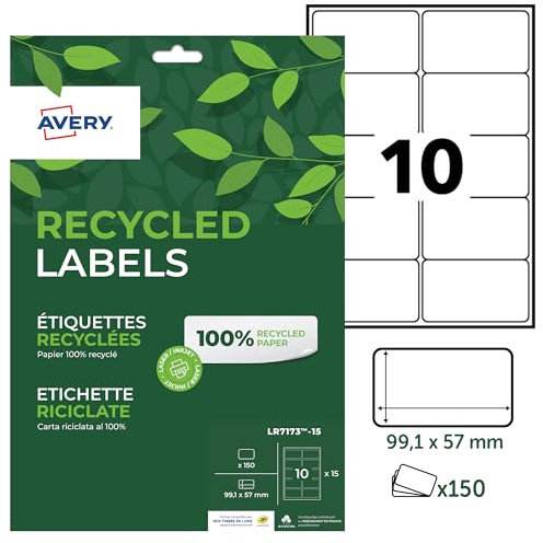 AVERY - 150 anpassningsbara vita självhäftande etiketter - 100% återvunna - 99,1 x 57 mm - laser- och bläckstråleutskrift