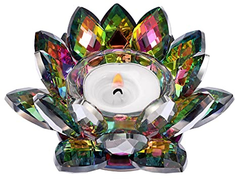 SUMTree Crystal Lotus Candle Holder for 4.5 Pillar Candle, Decorative Tealight Lotus Votive Candle Holder, Petals Style Flower Tealight Holder for Home Wedding Anniversary Decor, AB Colorful