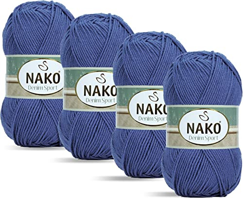 Nako Denim Sport, Bomull Kiniting-garn, stickrep du kan få en jeanslook, (4 bollar) varje Skein(boll) 100 g (100 g), du kan använda den i din Amigurumi, dekorativa flätor (levande blå 2859)
