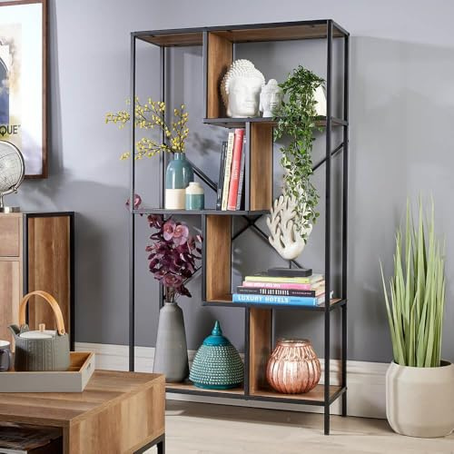 Home Source Large Open Storage Shelving Display Unit, Black Metal Frame, Weathered Oak Effect Finish