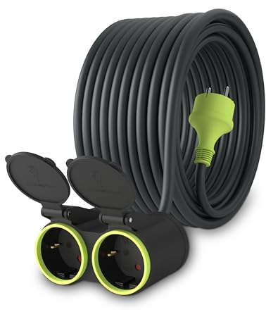 MutecPower 20m Verlängerungskabel mit 2 schuko steckdosen für den aussenbereich IP44 H05RR-F3G 1,5mm² doppel-verlängerung mit 2 schutzkontakt buchsen 2-Fach Outdoor verteiler 20 Meter schwarz/grün