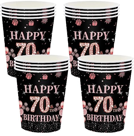16 stycken pappersmuggar 70-årsdagen födelsedag, engångsmuggar födelsedag, svart roséguld pappersmugg 235 ml, pappersmuggar för fest födelsedag, grattis på 70-årsdagen dryckesbägare pappersset för