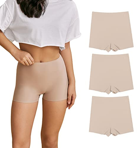 SHARICCA Boxershorts Kvinnor Sömlös Hög Midja Kvinnor Viskos Shorts Culotte Shorts Fitness Sport Hot Pants, (3 förpackningar) Beige, L