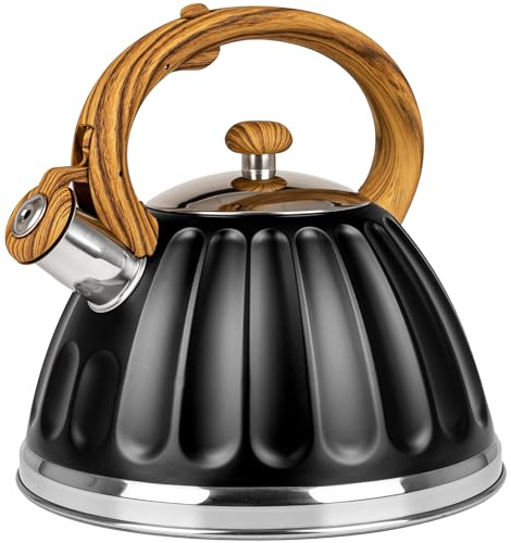 KARL HAUSMANN Bouilloire Induction 3L Inox avec Sifflante - Noir Theiere Cuisine pour Plaque Gaz, Vitrocéramique et Électrique - Grande Capacité Eau Chaude avec Couvercle Amovible