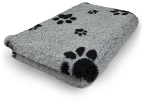 Vetbed Grau mit schwarzen Fußabdruckpfoten – rutschfeste Hundematte, Welpenteppich – Hundeteppich, Bankteppich, Bankmatte, Tiermatte – für Wurfkiste und Hundebox – maschinenwaschbar – Zwei Stücke von
