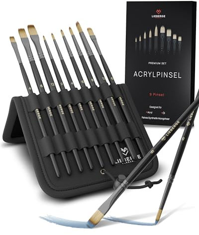 LIEBERGE Premium Pinselset Acrylfarben – 9 Acrylpinsel + Präsenter – perfekt für Acrylfarben – hochwertige Künstlerpinsel ohne Haarverlust beim Malen (9 Pinsel)