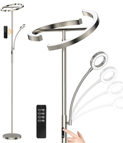 ANTENLICHT Stehlampe Dimmbar LED KAKA- | Silber-Stehleuchte 20W mit flexibler 7W Leselampe | Modern deckenfluter mit fernbedienung mit 4 Farbtemperatur für Wohnzimmer, Schlafzimmer, Büro, Hotel