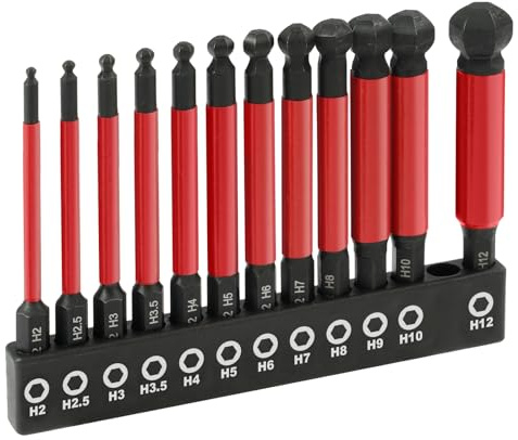Flintronic 12 st sexkantsskruvdragarbits med kulände och insexnyckel, magnetisk S2 stålinsexnyckel, 1/4 tum sexkantsborr, 65 mm slagborr för möbelmontering – metrisk H2-H12