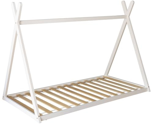 Happy Garden Lit tipi Blanc Valentin pour Enfant, de Dimensions 190x90cm, avec sommier à Lattes - Lit au Sol, Structure en Bois Blanc, Facile à Monter