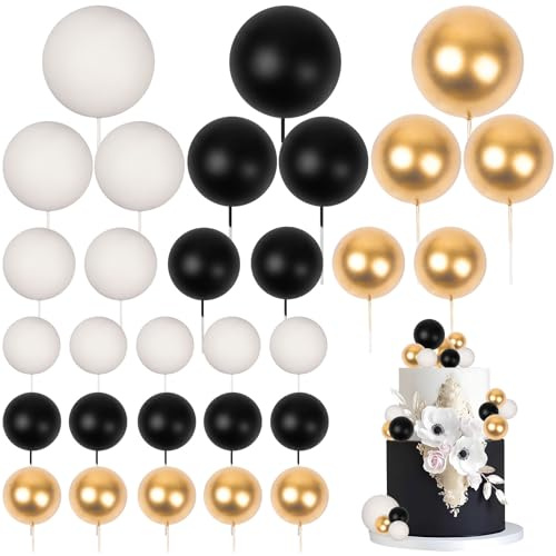 30 PCS Balls Cake Topper DIY Cake Insert Toppers Ball Cake Picks Cupcake Topper for Birthday Party Baby Shower Wedding Cake Decoration(Black Gold White)