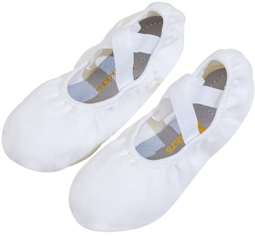 flexdans Ballet Shoes, Highly Stretch Canvas Ballet Flats Dance Shoes, Ballet Slippers Ballerina Flats Yoga Gymnastic Shoe for Girls Women White 34
