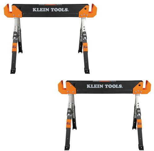 Klein Tools 80178 Folding Saw Horse, Adjustable 26 to 32-Inch Height, 2x4 Support Arms, Heavy Duty Jobsite Table, 2-Pack