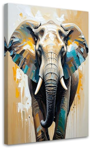Feeby Cuadro - Cuadros Para Dormitorios - Elefante imitación pintura al óleo - 60x90 cm - Decoracion Pared - Para el Dormitorio y la Sala de Estar