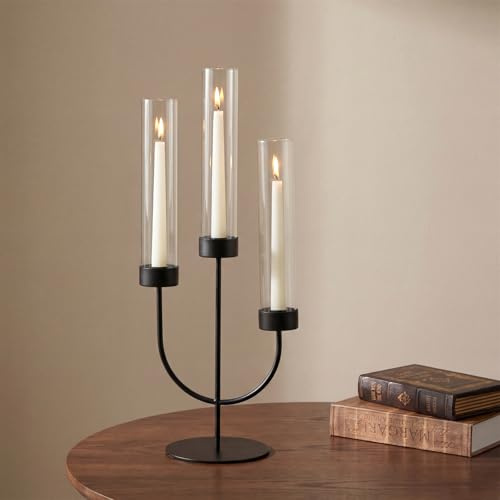Sziqiqi Black Candelabra Candle Holder: 3 Arm Candlestick Holders with Glass Hurricane for Dining Table Centrepiece - Gothic Metal Candelabra for Decorations Halloween Outdoor Dinner Fireplace