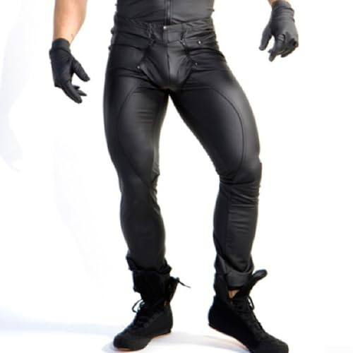 Leggings ajustados de piel sintética para hombre con aspecto húmedo y bolsa para trajes de moda (M negro)