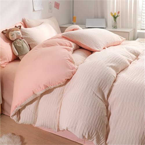 RASRGTRQ Seersucker Four-Piece Cotton Large-Size Bed Sheet and Duvet Cover Set for Home Use(Color 2,Queen Size)