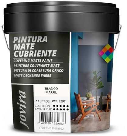 JOVIRA PINTURAS Pintura Mate Cubriente | Colores | Pintura interior-exterior con excelente poder cubriente. (15 Litros, Blanco Marfil)-T