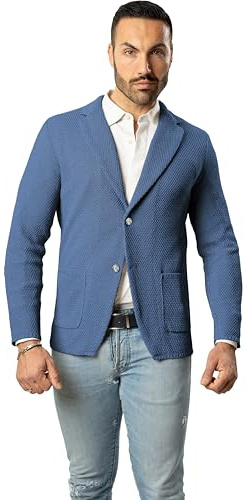 Blazer in Cotone, Giacca Jacket da Uomo Slim Fit - Punto Cucitura Chicco di Riso - Artigianale, Made in Italy - Casual, Classica Sportiva (IT, Testo, L, Regular, Regular, Indaco)