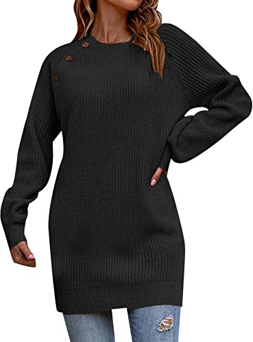 Stickad Klänning for Kvinnor, Långärmad Fashionabel Med Fast Knapp, Lång Ullklänning