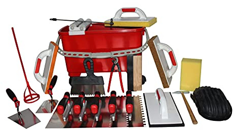 Fliesenwaschset Fliesenwaschset PREMIUM Fliesenwascheimer 22 Liter + Werkzeugset Fliesenleger Werkzeug Kellen Hydro-Waschbrett Ausfugbrett Spachtel Fliesenhammer uvm.