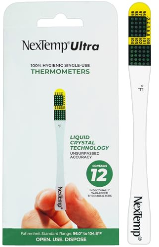 NexTemp Ultra Single-Use Thermometers - Individually Wrapped Disposable First Aid Supplies with High-Accuracy Readings, for Work, Home, and Travel, Fahrenheit, 12-Pack, by Medical Indicators Inc.