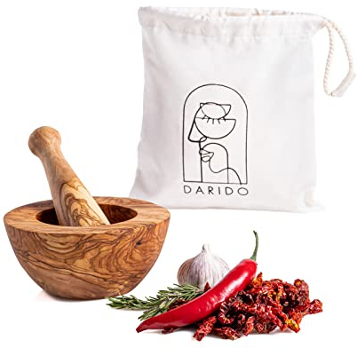 DARIDO Natural Olive Wood Mortar and Pestle Set - 14 x 8 cm - Handmade Spices and Herbs Grinder, Wooden Mortar with Pestle, Nuts Smasher Bowl, Garlic Press, Kitchen Essentials, Rustic Decor and Gift