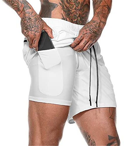 Sportbyxor, herr, korta, löparbyxor, 2-i-1, ventilerande, snabbtorkande kompressionsfoder, träningsshorts, löpshorts med ficka, Vit, S