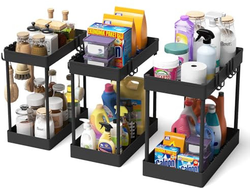 Meltrck Organizer Sottolavello Cucina 2 Liveli con Ganci Antiscivolo, Set da 3 Portaoggeti Salvaspazio Multiuso perDetersivi e Accessori Bagno(Nero,3 Pezzi)