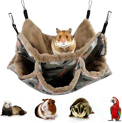 Voarge Small Animals Hammock 3 Tiers Swing Hanging Bed, Cage Toy Hideout Small Pet Swing Squirrel Hideaway, Warm Hammock for Parrot ferret Squirrel Hamster Rat Playing Sleeping, Feather