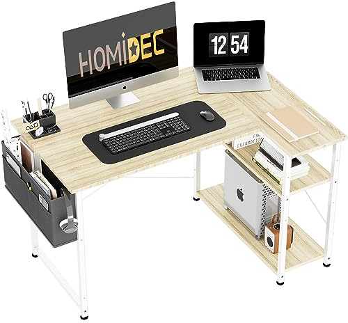 HOMIDEC L Shaped Desk 100CM Computer Desk Study Office Table Writing Table With Bookshelf Reversible Corner Workstation For Home Office