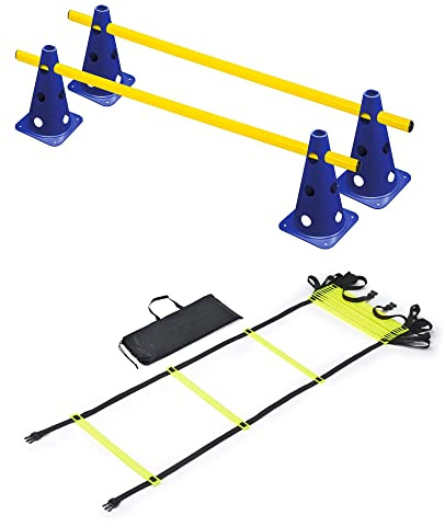 RHINOS sports Agility - Set per allenamento | scala di coordinazione 4 m con custodia + set di 2 pezzi | 4 coni blu: 22,5 cm | 2 barre gialle: 1 m