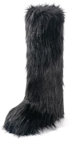 IXU Women's Faux Fur Boot Furry Fluffy Round Toe Suede Winter Comfy Plush Warm Short Outdoor Indoor Flat Shoes Knee-High Boots