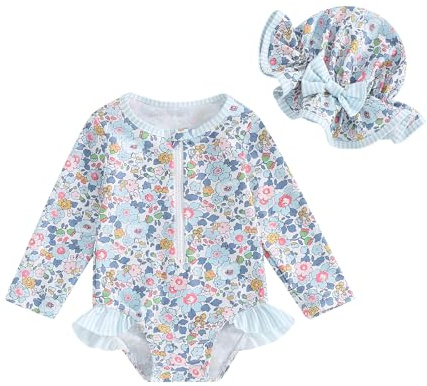 HodJIU Combinaison Traje de Baño Bebé Niña Anti-UV de Manga Larga Estampado Traje de Baño para Piscina Natación Playa + Sombrero de Sol, 9 mes
