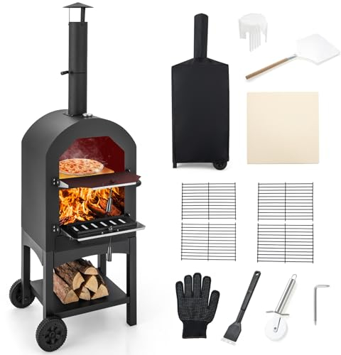 COSTWAY Four à Pizza Extérieur avec Thermomètre Intégré, Grill à Pizza Mobile avec Poignée et Roues Pratiques Couvercle Etanche Tiroir de Collecte des Cendres, pour Cour Jardin Patio, Noir