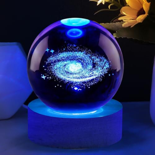 Vicloon 3D Galaxy Crystal Ball Night Light, 3D Planets Crystal Ball with Wooden Base, Space Galaxy LED Night Light for Home Decor, Tabletop, Birthday Gift, Anniversary, Colorful Lights