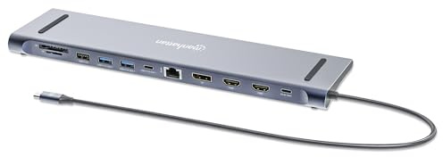 Manhattan Station d'accueil USB C 2 HDMI, 3 moniteurs, Station d'accueil 12 en 1, Triple Affichage pour Ordinateur Portable avec 5 Gbit/s USB-A/C 3.1, USB 2.0, PD 100 W, Ethernet, Audio, Fente pour