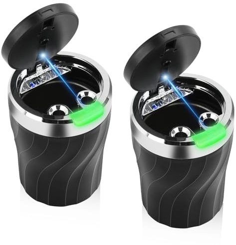 2 posacenere per auto, Daakro, posacenere per auto, con coperchio, posacenere tascabile con luce LED, in acciaio inox, portatile, senza fumo, per auto, furgone