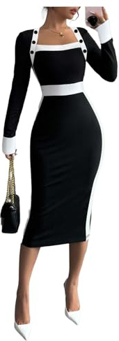 SOLY HUX Women's Long Sleeve Square Neck Bodycon Elegant Midi Dress Pencil Cocktail Party Dresses Black and White Small