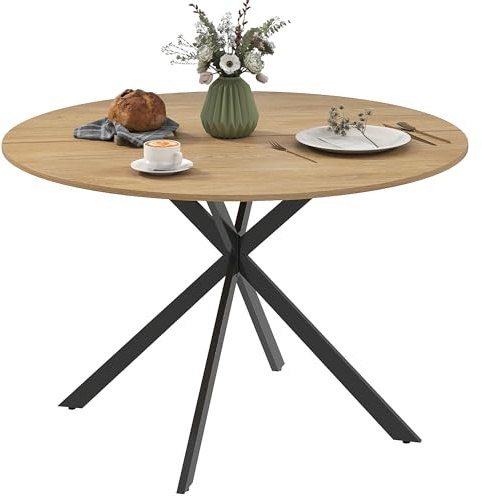 HOMCOM Table à Manger Ronde pour 4 Personnes Table de Cuisine 120 cm Style Industriel avec Plateau Aspect Bois et piètement croisé en Acier, chêne