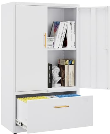 Aobabo Metal Storage Cabinet with 1 Drawer,Metal Office File Cabinet with Lockable Doors and Drawer for Home Office,Hanging Files Letter/legal Size,White