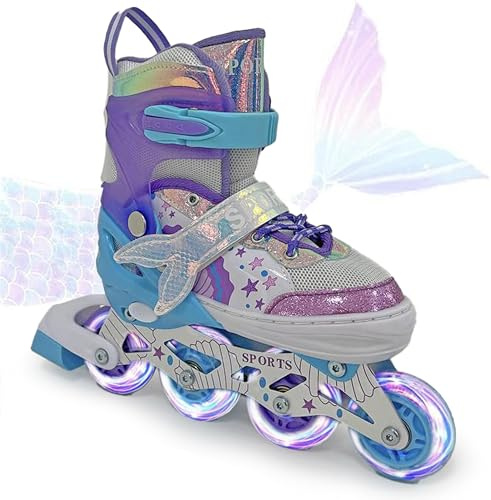 Scale Sports Adjustable Roller Skates for Girls, Mermaid Design – Inline Skates Kids with Light Up Wheels, Comfortable Outdoor Skating, for Kids & Beginners Purple UK 2.5-5