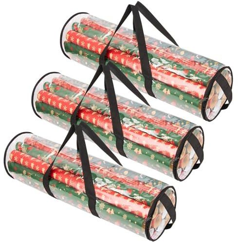 Confezione da 3 Contenitori Cilindrici Trasparenti in PVC per Organizzare Carta Regalo di Natale – Contiene rotoli di carta da regalo, palline, fili d'argento, luci, fiocchi