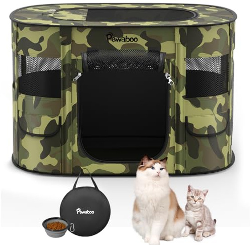 Pawaboo Parc Enclos Pliable Chien Chat, Enclos Intérieur Extérieur Portable, Cage Clôture Tente d'exercice en Tissu Oxford pour Petits Animaux, avec Bol à Nourriture, M, Camouflage Noir