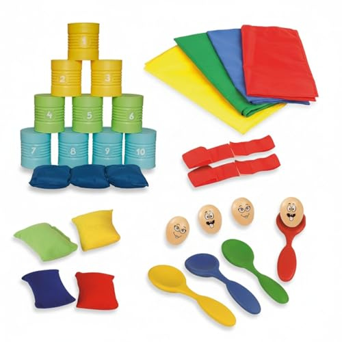 alldoro 68705 Party-Bundle 32-TLG, Dosenwerfen & 4 Klassische Bewegungsspiele, actionreiches Spielepaket, für Kindergeburtstag, Feste, Indoor & Outdoor