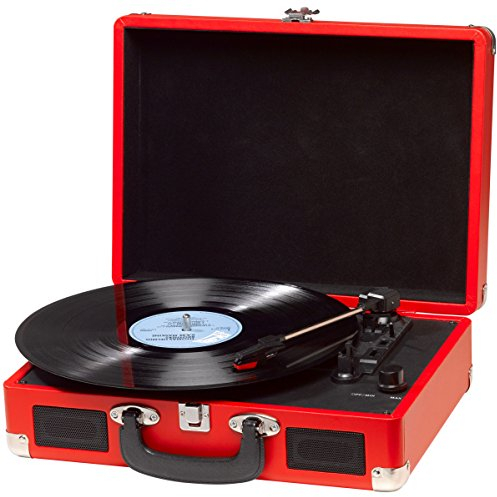 Denver VPL‑120R Kofferplattenspieler Rot – Retro Plattenspieler mit Lautsprecher, USB Vinyl Player zum Digitalisieren, Auto‑Stopp, Schallplattenspieler Vintage mit RCA‑Ausgang